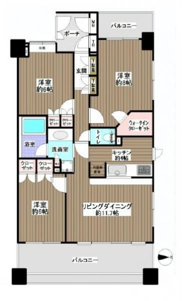 Floor plan. 3LDK, Price 40,800,000 yen, Occupied area 76.02 sq m , Balcony area 18.21 sq m