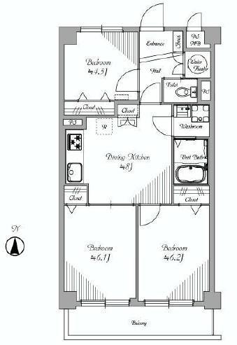 Floor plan. 3DK, Price 22,800,000 yen, Footprint 55 sq m , Balcony area 6.6 sq m