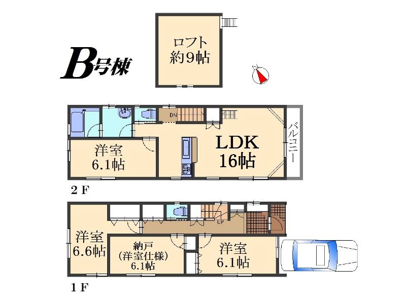 Floor plan. (B Building), Price 42,800,000 yen, 3LDK+S, Land area 88.01 sq m , Building area 87.56 sq m