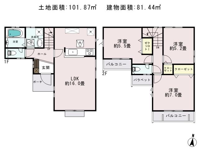 Floor plan. (3 Building), Price 38,400,000 yen, 3LDK, Land area 101.87 sq m , Building area 81.44 sq m