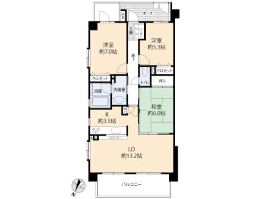 Floor plan. 3LDK, Price 24,300,000 yen, Occupied area 75.07 sq m , Balcony area 12.98 sq m floor plan