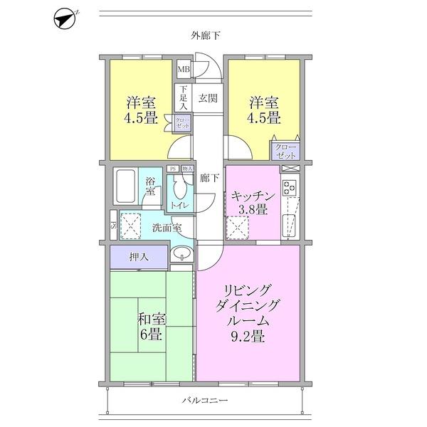 Floor plan. 3LDK, Price 21,800,000 yen, Occupied area 62.47 sq m , Balcony area 6.51 sq m