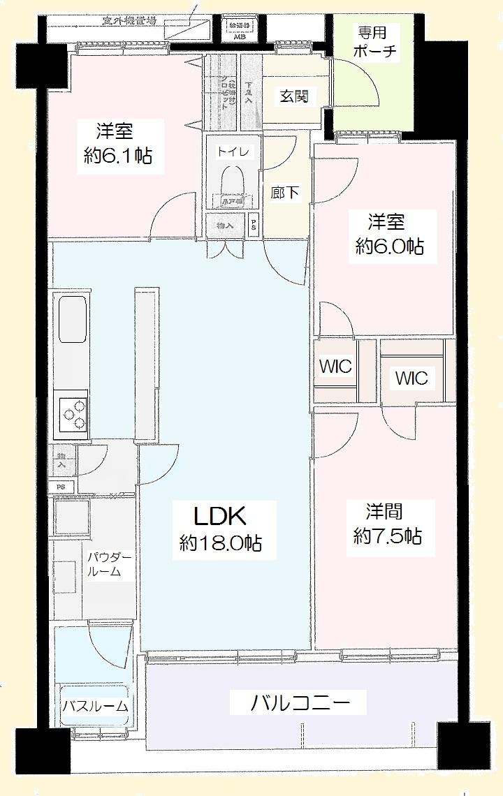 Floor plan. 3LDK, Price 34,900,000 yen, Occupied area 80.67 sq m , Balcony area 11.21 sq m LDK18 Pledge ・ Walk-in closet 2 places