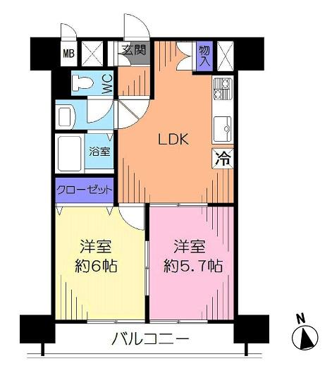 Floor plan. 2DK, Price 14.8 million yen, Footprint 44.2 sq m , Balcony area 7.08 sq m