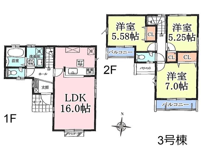 Floor plan. 38,400,000 yen, 3LDK, Land area 101.87 sq m , Building area 81.44 sq m between Tachikawa Fujimi 4-chome floor plan Building 3
