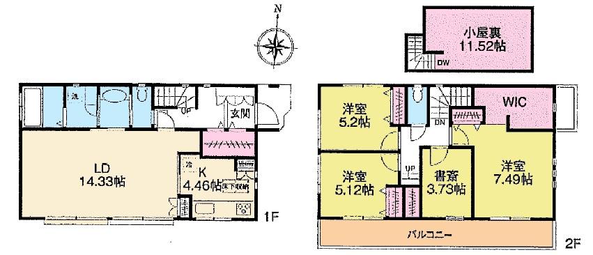Floor plan. 48,800,000 yen, 3LDK + S (storeroom), Land area 115.88 sq m , Building area 106.02 sq m study, Walk-in closet, Full floor plan of attic space Yes