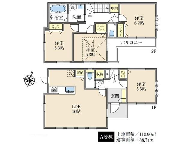 Floor plan. 40,800,000 yen, 4LDK, Land area 110.94 sq m , Building area 88.74 sq m Tachikawa Kashiwamachi 1-chome A Building Floor plan