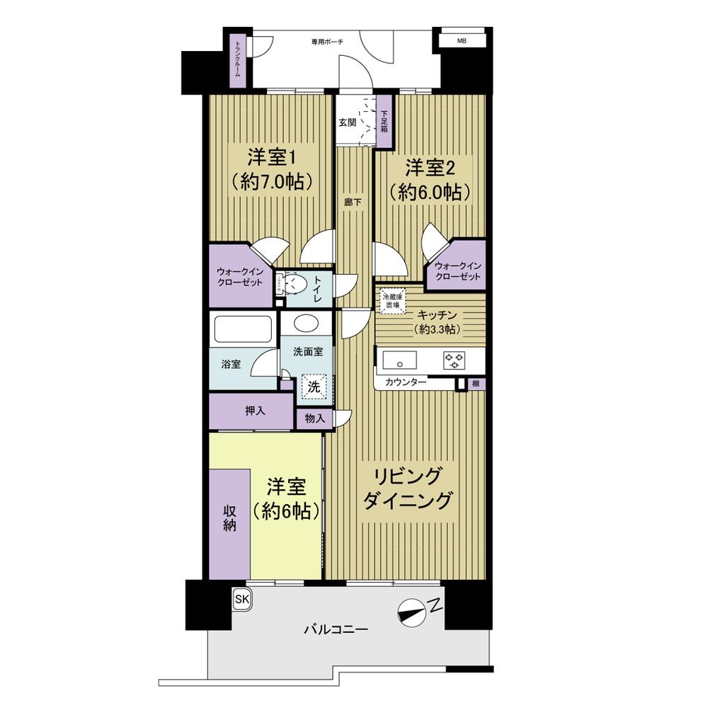 Floor plan. 3LDK, Price 23.8 million yen, Occupied area 75.47 sq m , Balcony area 13.9 sq m All rooms 6 quires more, Double walk-in closet, Both sides out frame design (pillar ・ Spacious living space out of the beam to the outside), Pouch is room Features.