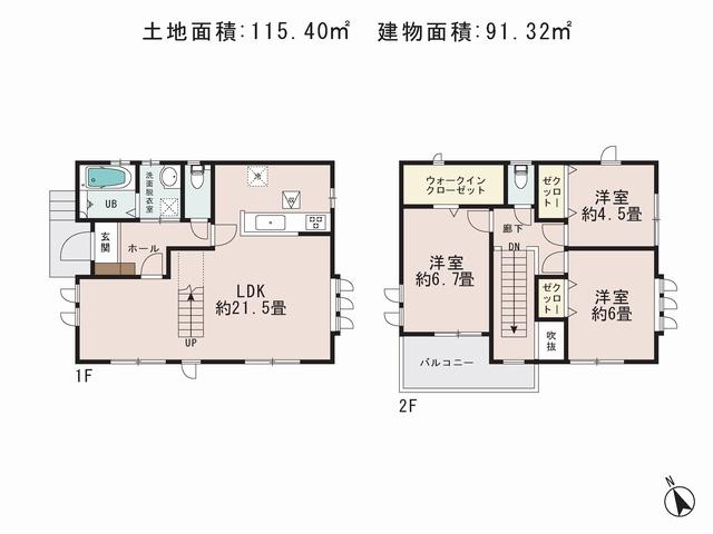 Floor plan. 48,800,000 yen, 3LDK, Land area 115.4 sq m , Building area 91.32 sq m