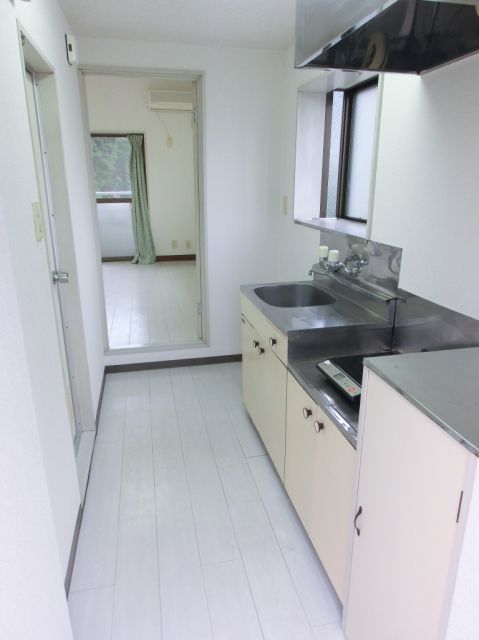 Kitchen. It is a white wooden floor of the room with a clean