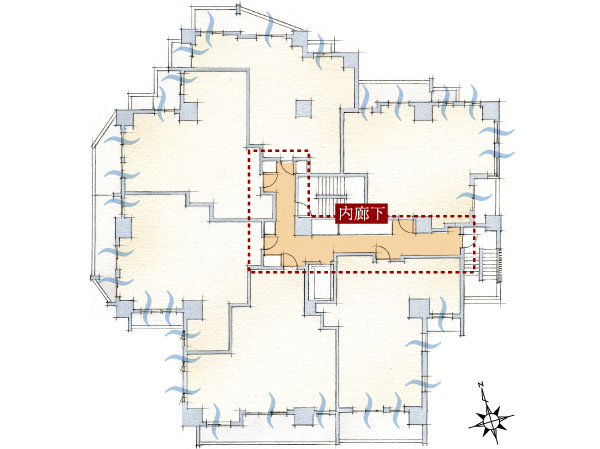 Features of the building.  [Openness and independence of "all mansion angle dwelling unit". Produce a relaxation deep the "inner corridor design"] The "Proud Tachikawa Marks" In all the mansion as a corner dwelling unit, Achieve openness and residence of the independence of the multifaceted opening. further, Hotel-like inner corridor will foster a deeply relaxing building environment. (Dwelling unit placement (standard floor) Illustration ※ It actual and may be slightly different in those drawn on the basis of the drawings of the planning stage. Also, It may be subject to change in the future. )