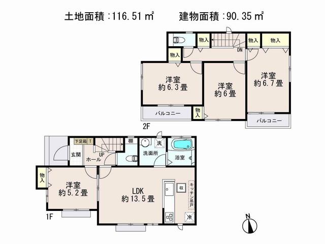 Floor plan. (E Building), Price 28.8 million yen, 4LDK, Land area 116.77 sq m , Building area 90.35 sq m