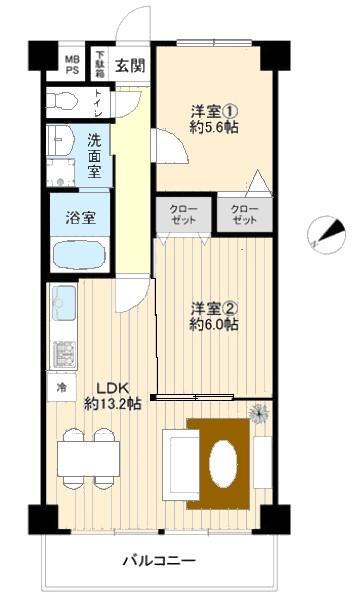 Floor plan. 2LDK, Price 13.3 million yen, Occupied area 55.08 sq m , Balcony area 6.12 sq m
