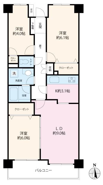 Floor plan. 3LDK, Price 23.4 million yen, Occupied area 64.51 sq m , Balcony area 7.23 sq m