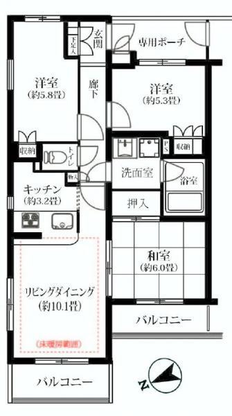 Floor plan. 3LDK, Price 31,800,000 yen, Occupied area 68.17 sq m , Balcony area 8.82 sq m
