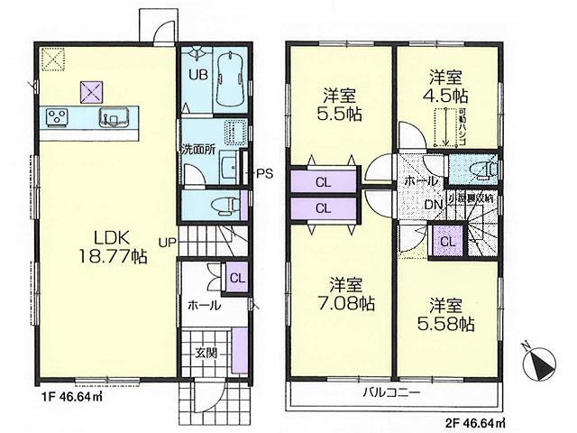 Floor plan. (1 Building), Price 38,800,000 yen, 4LDK, Land area 117.01 sq m , Building area 93.28 sq m