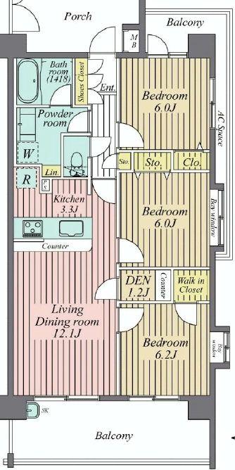 Floor plan. 3LDK, Price 24,800,000 yen, Occupied area 73.26 sq m , Balcony area 21.32 sq m