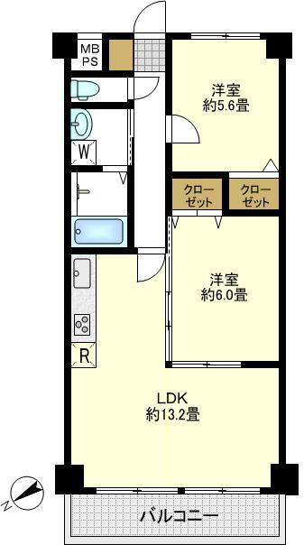 Floor plan. 2LDK, Price 13.3 million yen, Occupied area 55.08 sq m , Balcony area 6.12 sq m 2LDK  [After-sales service with guarantee]