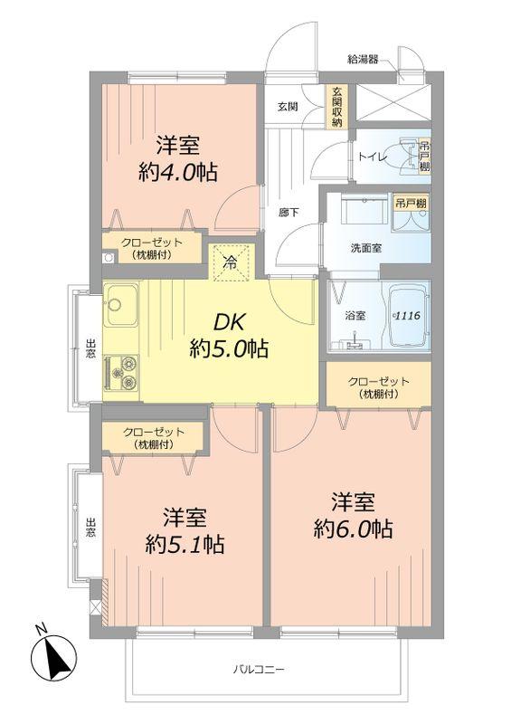 Floor plan. 3DK, Price 10.8 million yen, Occupied area 48.18 sq m , Balcony area 3.6 sq m