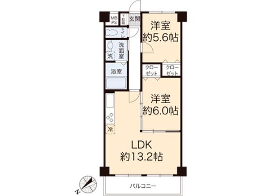 Floor plan. 2LDK, Price 13.3 million yen, Occupied area 55.08 sq m , Balcony area 6.12 sq m floor plan