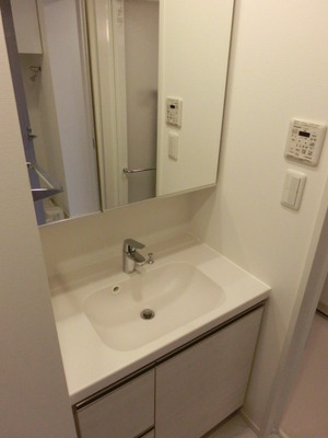 Washroom. Two-sided mirror independent wash basin
