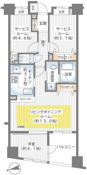 Floor plan. 1LDK+S, Price 37.5 million yen, Footprint 66.3 sq m , Balcony area 6.5 sq m
