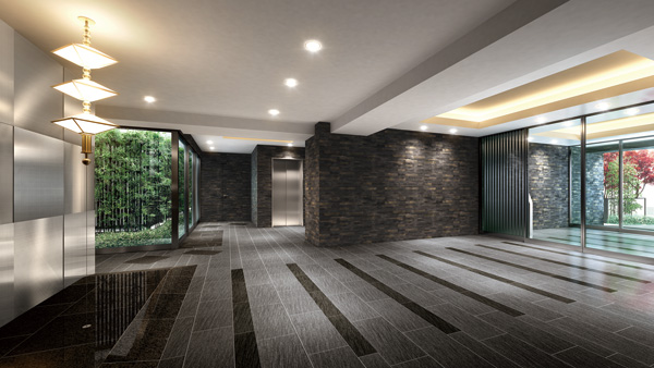 Shared facilities.  [Entrance Hall Rendering] Also produce a sense of luxury by the taste of the sum in the entrance hall, Was the spirit in leading also Yingbin space of the tea ceremony of "hospitality". The vertical grid on both sides of the windbreak room door, Along with the wall of the entrance front is treat the checkered pattern in stainless, In the hall front were installed pendant lighting the image of a lantern (lantern).