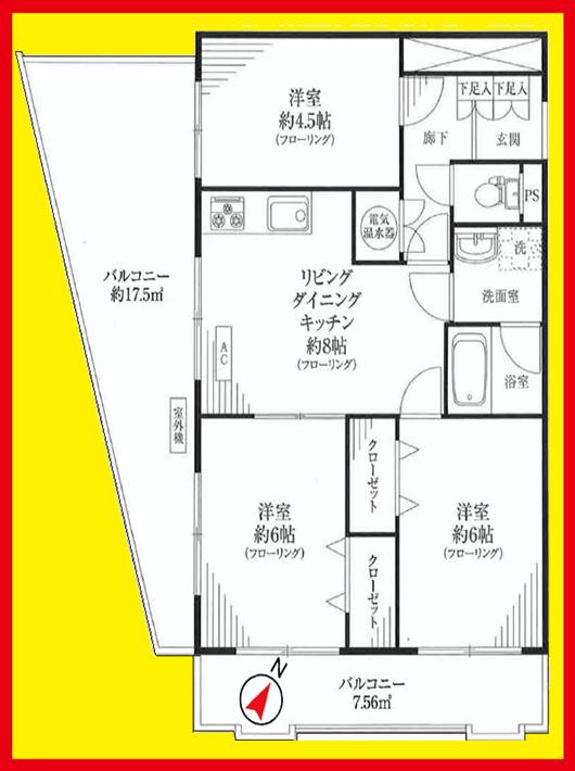 Floor plan. 3LDK, Price 25,800,000 yen, Occupied area 57.82 sq m , Balcony area 25.06 sq m Floor