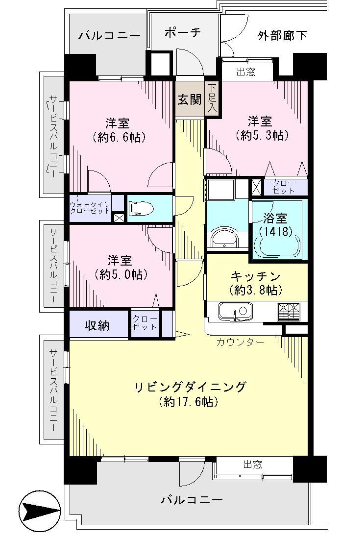 Floor plan. 3LDK, Price 37,800,000 yen, Occupied area 81.42 sq m , Balcony area 18.7 sq m