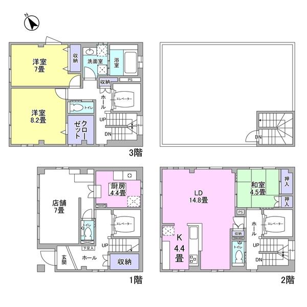 Floor plan. 84,800,000 yen, 3LDK, Land area 70.57 sq m , Building area 153.7 sq m home elevator will tie the floor smoothly. There is also reference plan to change the store part to living space.
