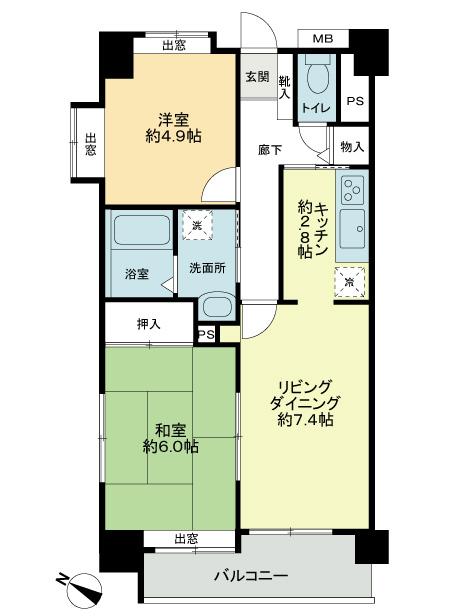 Floor plan. 2LDK, Price 19,800,000 yen, Occupied area 50.57 sq m , Balcony area 6.47 sq m southwest angle room