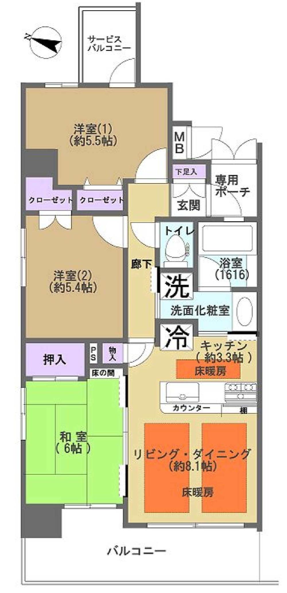 Floor plan. 3LDK, Price 30,800,000 yen, Footprint 64.5 sq m , Balcony area 9.93 sq m