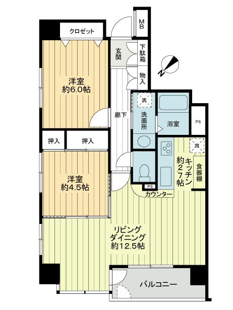Floor plan. 2LDK, Price 26,800,000 yen, Occupied area 60.07 sq m , Balcony area 5.11 sq m