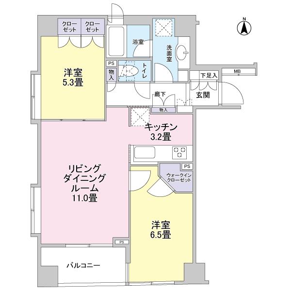 Floor plan. 2LDK, Price 39,800,000 yen, Occupied area 60.33 sq m , Balcony area 5.27 sq m 2LD ・ K type