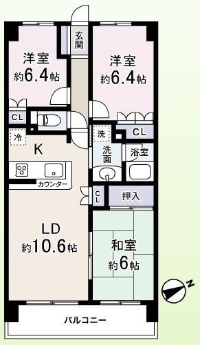 Floor plan. 3LDK, Price 33,800,000 yen, Occupied area 65.13 sq m , Also redesigned balcony area 8.4 sq m facility! It has been enhanced!