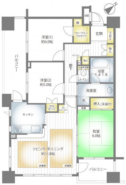 Floor plan. 3LDK, Price 39,800,000 yen, Occupied area 75.05 sq m , Balcony area 14.79 sq m