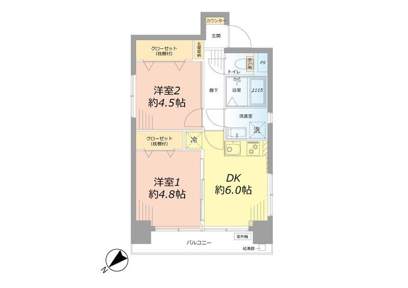 Floor plan. 2DK, Price 16,980,000 yen, Occupied area 39.02 sq m , Balcony area 6.36 sq m