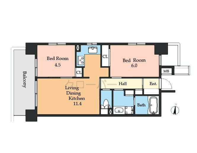 Floor plan. 2LDK, Price 23,900,000 yen, Occupied area 50.22 sq m , Balcony area 9.09 sq m