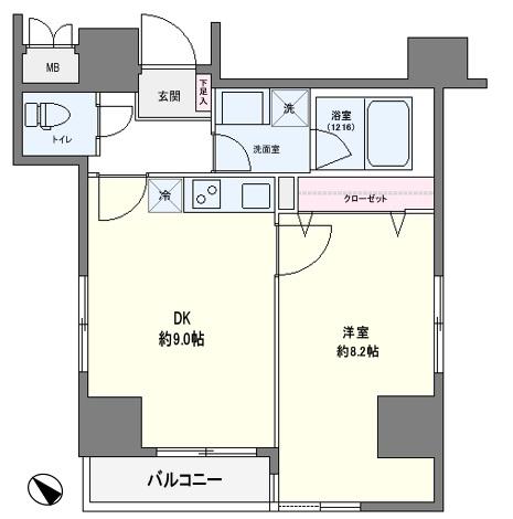 Floor plan. 1DK, Price 34,900,000 yen, Occupied area 41.14 sq m , Balcony area is 2.87 sq m southwest angle room.