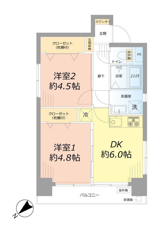 Floor plan. 2DK, Price 16,980,000 yen, Occupied area 39.02 sq m , Balcony area 6.36 sq m Floor