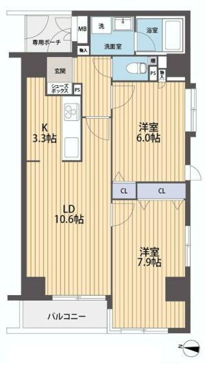 Floor plan. 2LDK, Price 31,900,000 yen, Occupied area 60.19 sq m , Balcony area 3.5 sq m