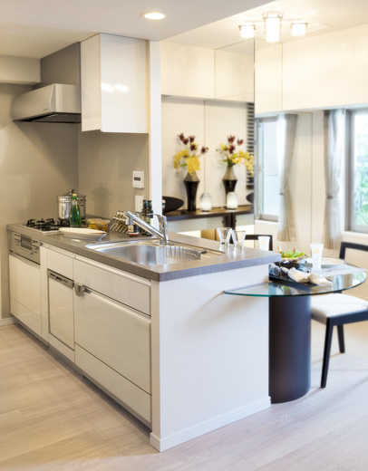 Kitchen.  [System kitchen with easy-to-use dishwasher that in a functional] System kitchen that combines the functionality and design. In the latest of a system that storage capacity is also giving priority to the rich at ease, It will surely change the time of the dishes in good time.