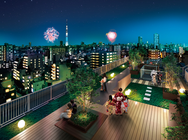 Buildings and facilities. Not out of reach of the hustle and bustle of city, Appearance of the Tokyo Sky Tree views from peaceful location is exceptional. The rooftop, Everyone living here views of the Tokyo Sky Tree, Shared space that fireworks can enjoy ・ We have prepared the Sky Garden. (Sky Garden Rendering ※ In fact a somewhat different the aerial photo of 2013 May shooting in what was CG synthesis)