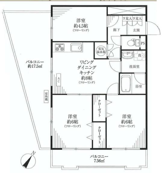 Floor plan. 3LDK, Price 25,800,000 yen, Occupied area 57.82 sq m , Per balcony area 25.06 sq m southwest angle room, Good per yang. Two-sided balcony, All rooms are we facing the balcony.
