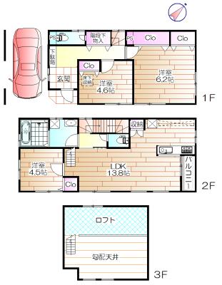 Floor plan. 39,800,000 yen, 3LDK, Land area 64.64 sq m , Building area 88.81 sq m