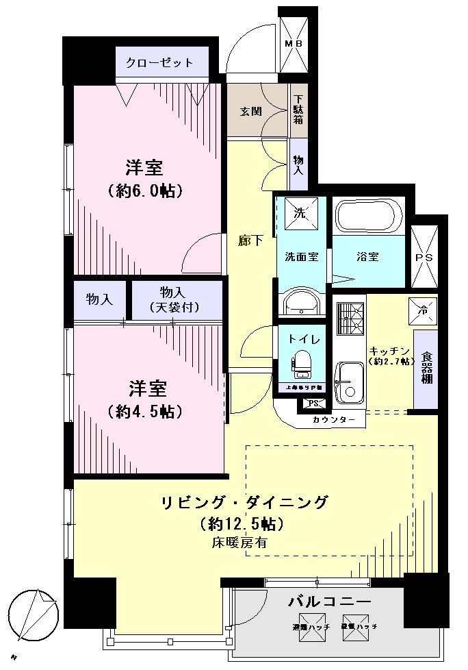 Floor plan. 2LDK, Price 26,800,000 yen, Occupied area 60.07 sq m , Balcony area 5.11 sq m