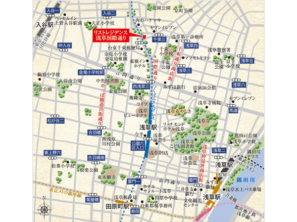 Surrounding environment. Bustling Asakusa Kokusai Street. Colorful shopping district aligned within walking distance. It has gathered shopping district along the Asakusa Kokusai Street. (Local guide map)