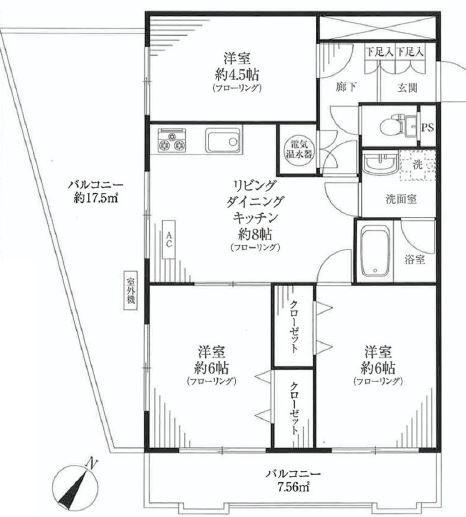 Floor plan. 3LDK, Price 25,800,000 yen, Occupied area 57.82 sq m , Good Floor balcony area 25.06 sq m usability