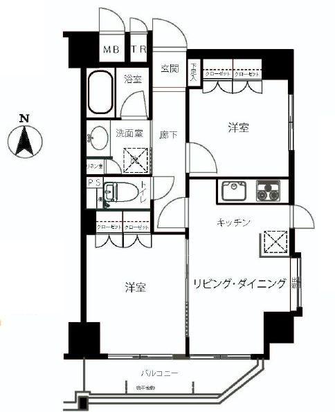 Floor plan. 2LDK, Price 29,800,000 yen, Occupied area 44.82 sq m , Balcony area 5.1 sq m south-facing room