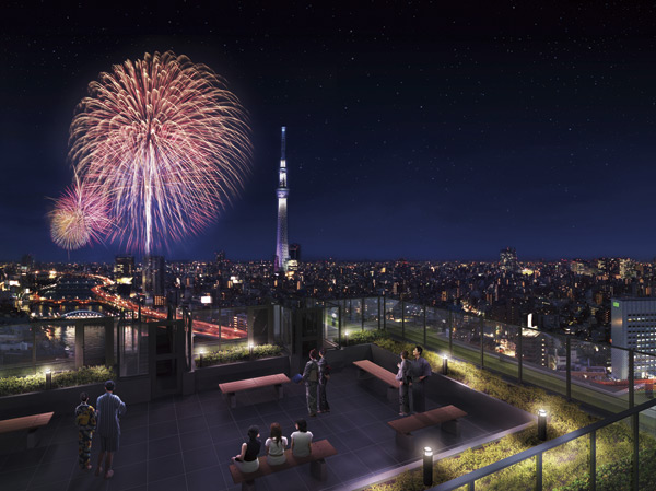 Buildings and facilities. The same properties that the city is wrapped gently in the open feeling of the Sumida River of moisture flowing familiar while also at last. In the summer, It arranged the bench from the "roof terrace", You can enjoy the "Sumida River fireworks display".  ※ Changes fireworks ・ You might stop. (Rooftop terrace Rendering ※ Night view to view photos from the local 26th floor equivalent (2,013.1 shooting), Subjected to a CG processing of fireworks, etc., CG synthesis building Rendering that caused draw based on the drawings of the planning stage ・ Which was processed, In fact a slightly different. )